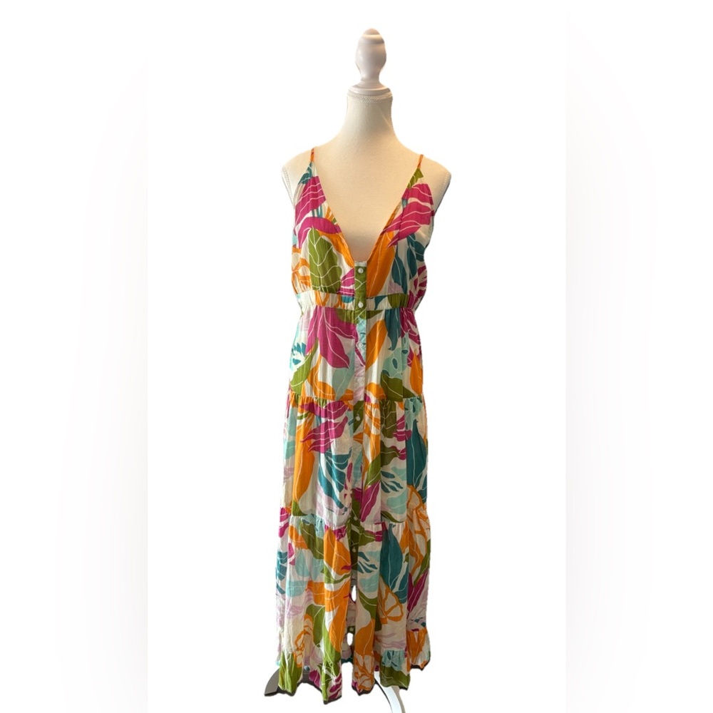 True Destinations Floral Maxi Dress L Sleeveless Colourful Button Front Ruffle